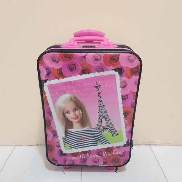 Barbie Kids Pink Rolling Luggage Suitcase Travel Bag Flowers Eiffel Tower Mattel - Picture 1 of 8